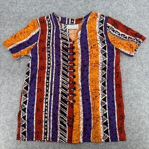 First Class Vintage Tribal Batik Print Short Sleeve Button Multi-Color